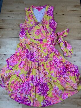 Lilly Pulitzer Folly Floral Wrap Dress Tiered Skirt Yellow Pink Size XS